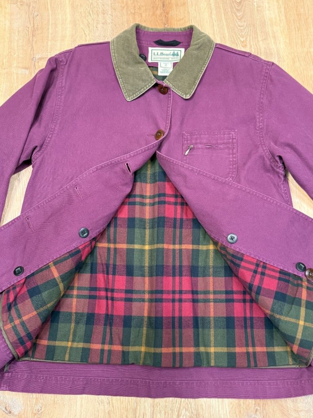 Vintage 90s L.L. Bean Womens Purple Plaid Lined Barn Field Canvas Chore Jacket S - Picture 9 of 11